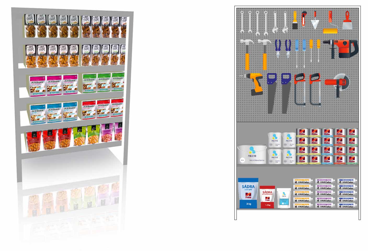 Groceries planogram and hanging system